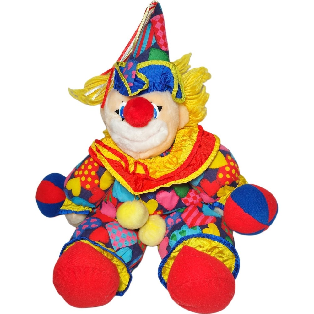17" Vtg Kuddle Me Toys Plush Clown Stuffed Animal Toy Satin Balls Hearts Sitting